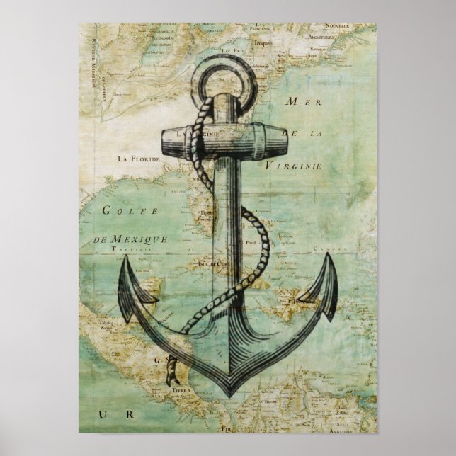Antique Nautical Karta & Anchor Poster (Framsidan)