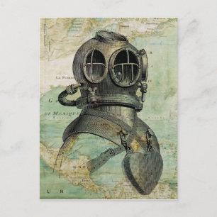Antique Nautical Karta & Dive Helmet Postcard Vykort