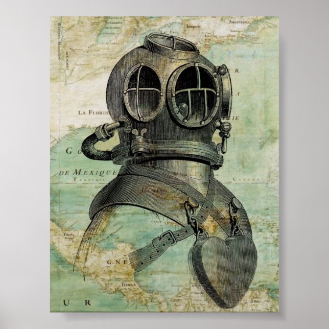 Antique Nautical Karta & Dive Helmet Poster (Framsidan)