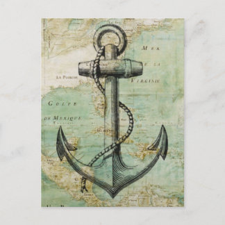 Antique Nautical Karta med Anchor Vykort