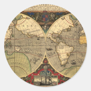 Antique Nautical World Map Runt Klistermärke