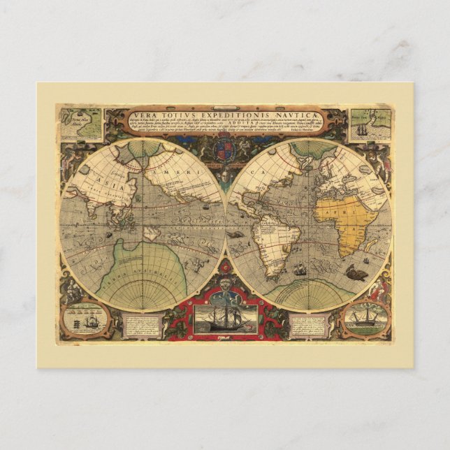 Antique Nautical World Map Vykort (Framsida)