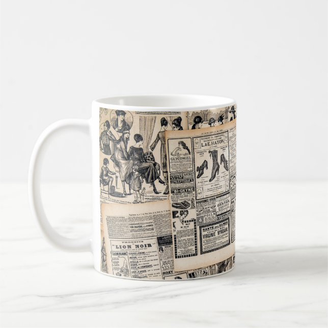 Antique Newspaper Advertisation Lakan Decoupage Kaffemugg (Vänster)