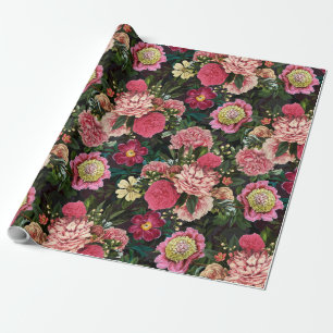 Antique Nostalgic Redouté Peonies Mönster black Presentpapper