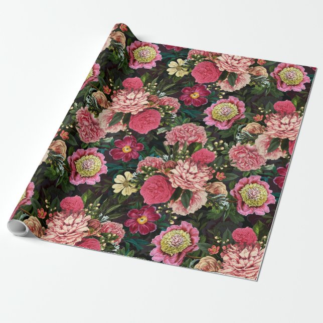 Antique Nostalgic Redouté Peonies Mönster black Presentpapper (Utrullad)