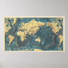 Antique Ocean Relief World Map: Yellow Continents Poster