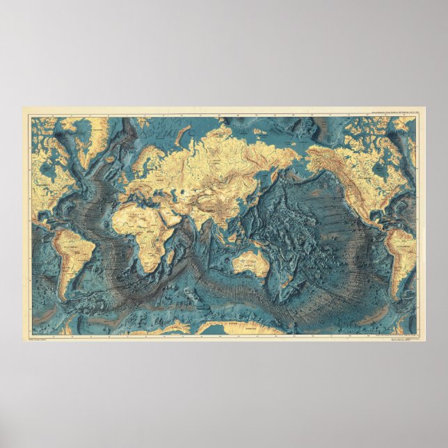 Antique Ocean Relief World Map: Yellow Continents  Poster (Framsidan)