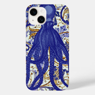 Antique Octopus på Blue Guld Blommigt