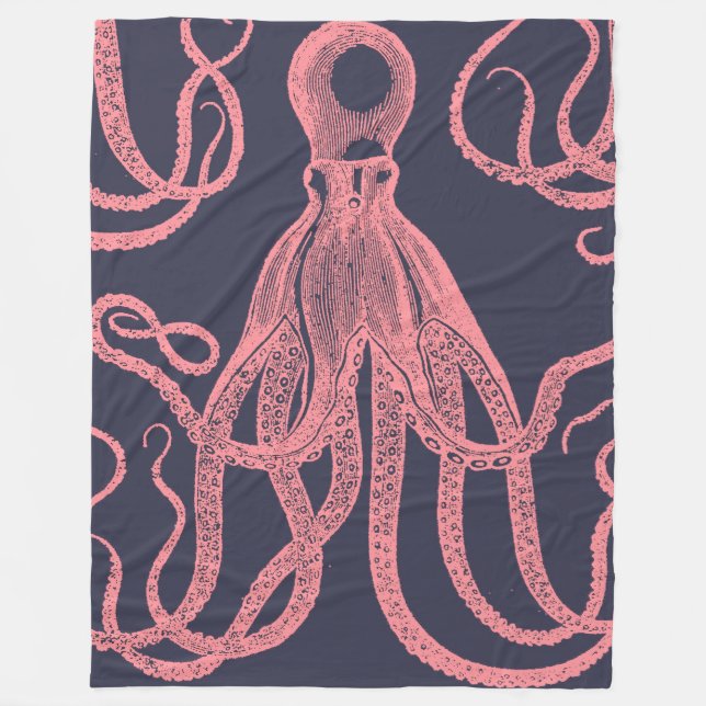 Antique Octopus Rosa på Blue Fleecefilt (Framsidan)