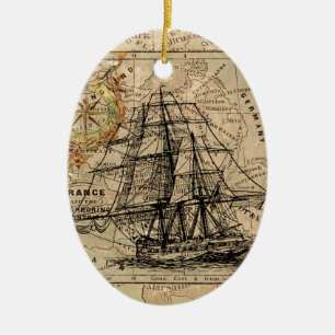 Antique Old General Frankrike Karta & Frakt Julgransprydnad Keramik