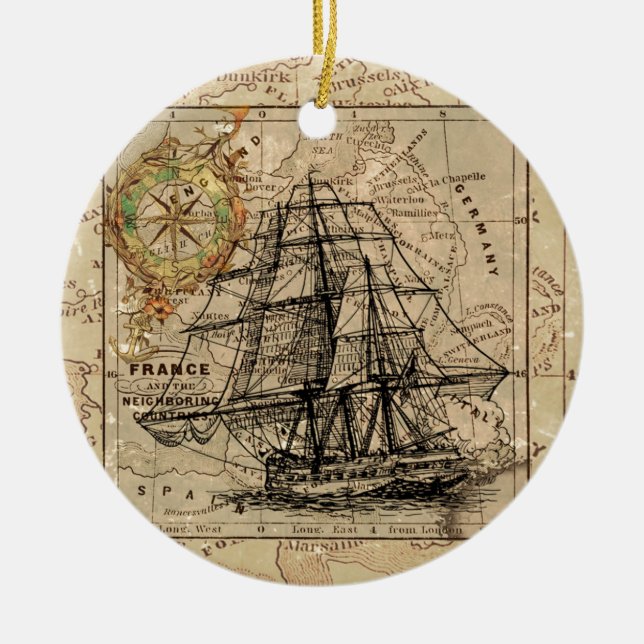 Antique Old General Frankrike Karta & Frakt Julgransprydnad Keramik (Framsidan)