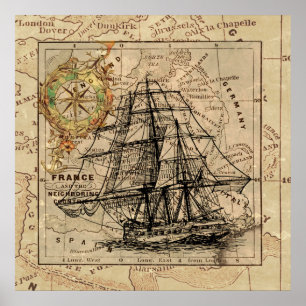 Antique Old General Frankrike Karta & Frakt Poster