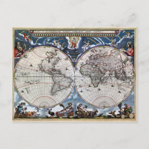 Antique old World map 1664 Restured Vykort