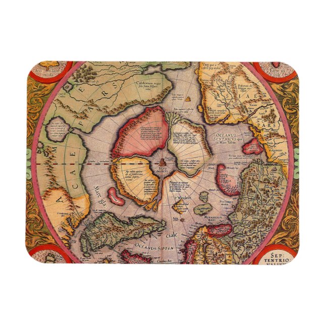 Antique Old World Map, Arktis North Pole, 1595 Magnet (Horisontell)