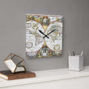 Antique Old World Map by Hendrik Hondius, 1630 Fyrkantig Klocka