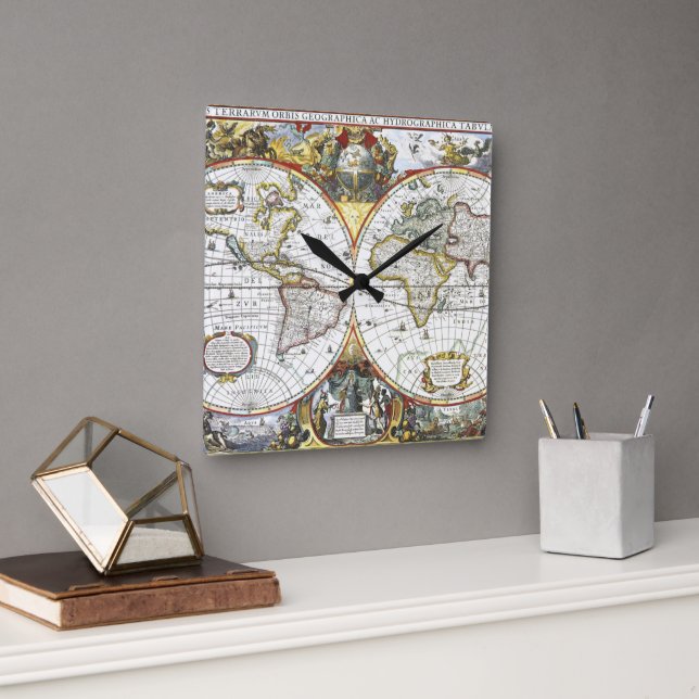 Antique Old World Map by Hendrik Hondius, 1630 Fyrkantig Klocka (Kontor)