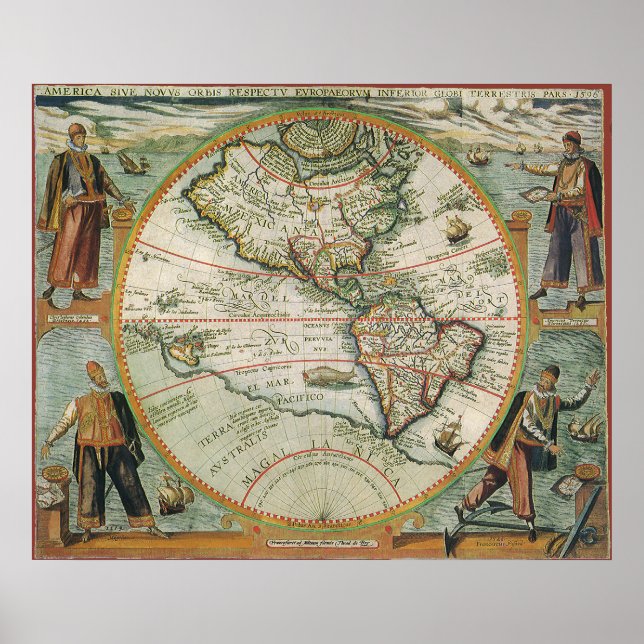 Antique Old World Map of the Americas, 1597 Poster (Framsidan)