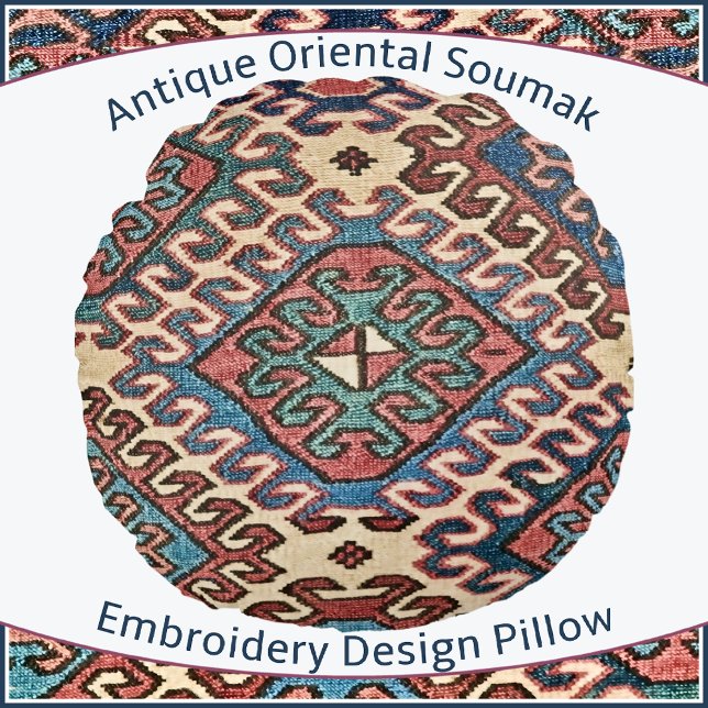 Antique Oriental Soumak Embroidery Design Rund Kudde (Skapare uppladdad)