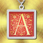 Antique ornamental monogram - Capital A Silverpläterat Halsband<br><div class="desc">Antikalt prydnadsmonogram - kapital A i rött och grädde .. Vackert medeltida början från 1600-talet ...  ... artighetsfras från Internet Archive Bok Bilder . . Den ursprungliga bilden retuscherades och tillämpades på det här objektet av Alma Wad. Det här halsbandet är underbart för Arthur,  Anthony,  Andrew och mer... </div>