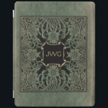 Antique Ornate Leather Monogram Bok Cover iPad Skydd<br><div class="desc">Riktigt ornerad blommigt täcker konst från 1898 års utgåva av Longwoths Ro och Lilies i nyktert vättade djupa oliv grönt och svarta nyanser. Anm.: Skuldade,  graverade,  präglade och dimensionella effekter,  med skiktat,  texturerat och skuggat utseende som uppnåtts digitalt. Den faktiska produkten har en plan yta.</div>