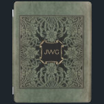 Antique Ornate Leather Monogram Bok Cover iPad Skydd<br><div class="desc">Riktigt ornerad blommigt täcker konst från 1898 års utgåva av Longwoths Ro och Lilies i nyktert vättade djupa oliv grönt och svarta nyanser. Anm.: Skuldade,  graverade,  präglade och dimensionella effekter,  med skiktat,  texturerat och skuggat utseende som uppnåtts digitalt. Den faktiska produkten har en plan yta.</div>