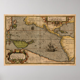 Antique Ortelius Karta i Stilla havet Poster