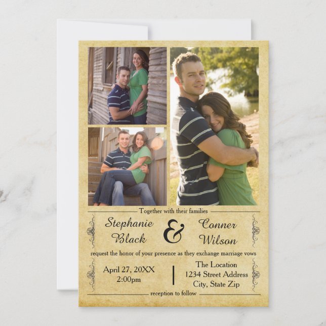 Antique Papper 3-foton - bröllopsinbjudan Inbjudningar (Framsida)