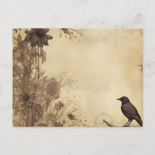 Antique Papper Black Bird and Flowers Halloween Helg Vykort
