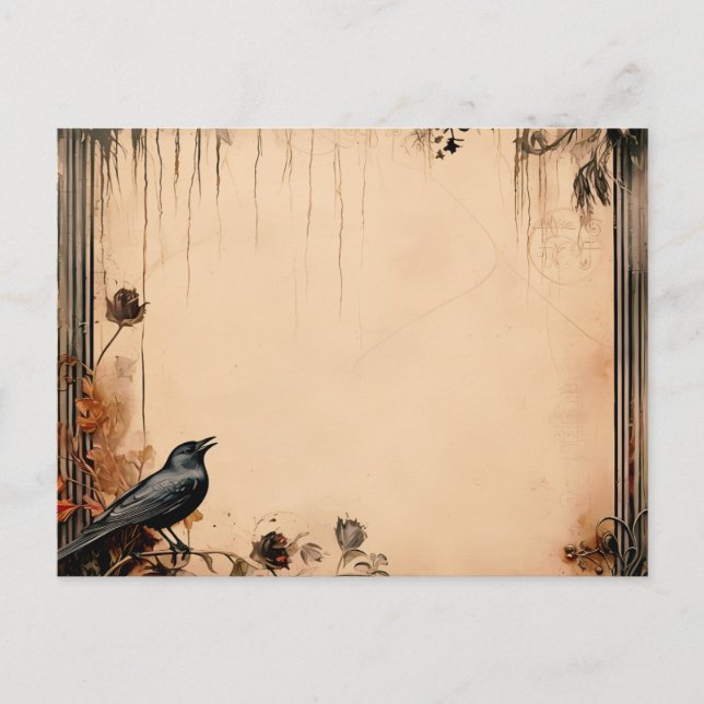 Antique Papper Black Bird and Flowers Halloween Helg Vykort (Framsida)