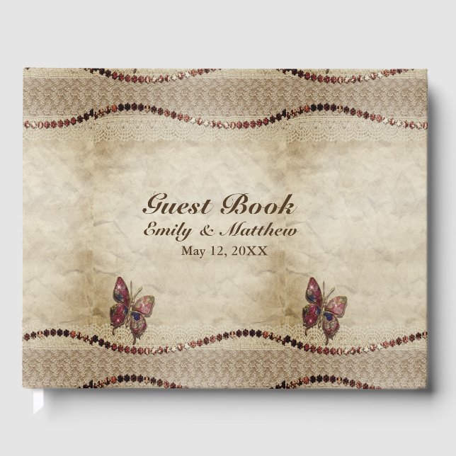 Antique Parchment, Snöre, Shiny Pärlor & Butterfly Gästböcker (Framsida)