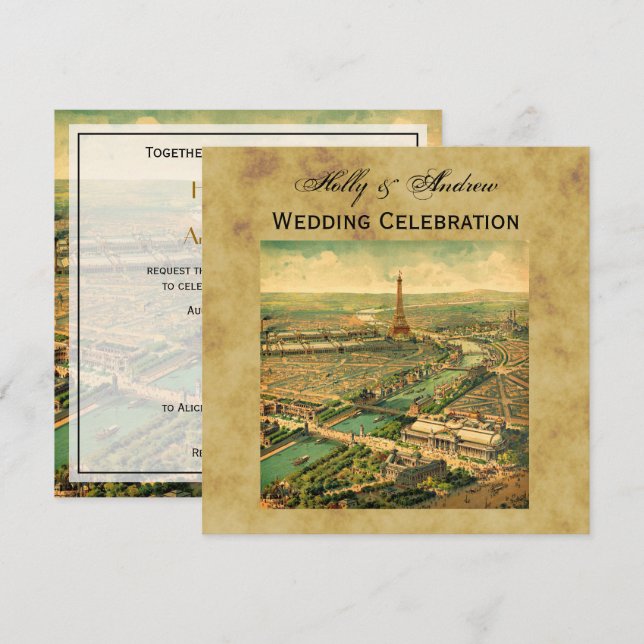 Antique Paris Distress BG SQ Bröllop Inbjudningar (Fram/baksida)