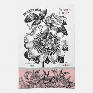 Antique Passion Flower - Ditt val av Rosa för text Kökshandduk