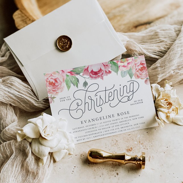 Antique Peony Christening-inbjudan Inbjudningar (Skapare uppladdad)