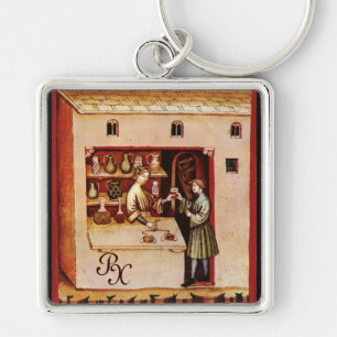 ANTIQUE PHARMACY Medicine, Drug Store,Parchment Fyrkantig Silverfärgad Nyckelring