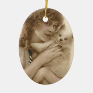 Antique Photo Victorian Woman och Hund Julgransprydnad Keramik