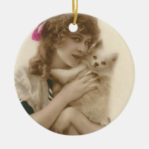 Antique Photo Victorian Woman och Hund Julgransprydnad Keramik