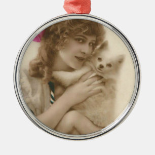 Antique Photo Victorian Woman och Hund Julgransprydnad Metall