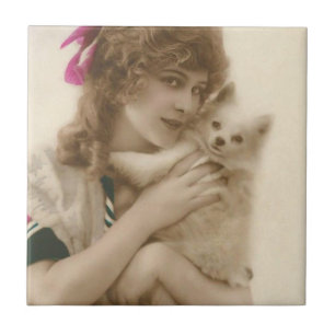 Antique Photo Victorian Woman och Hund Kakelplatta