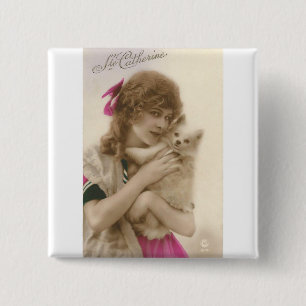 Antique Photo Victorian Woman och Hund Knapp