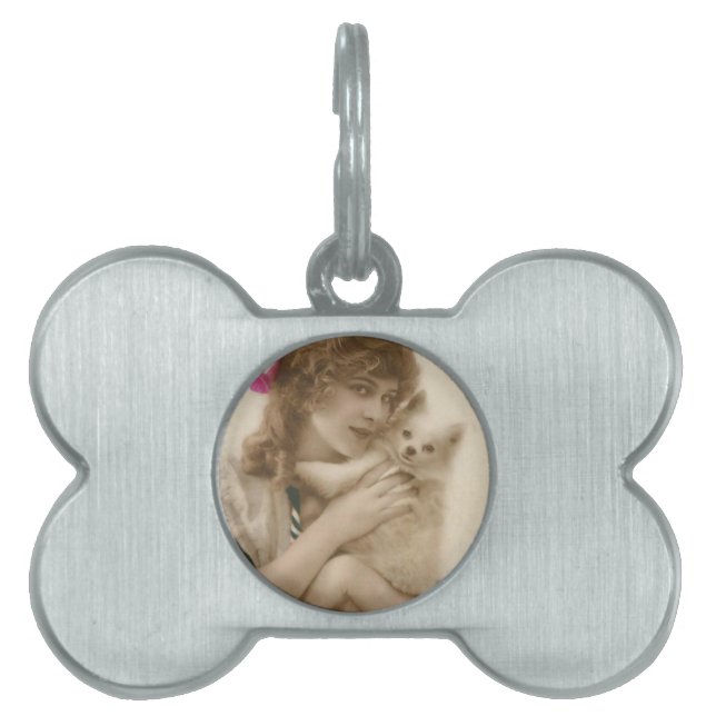 Antique Photo Victorian Woman och Hund Namnbricka Husdjur (Framsidan)