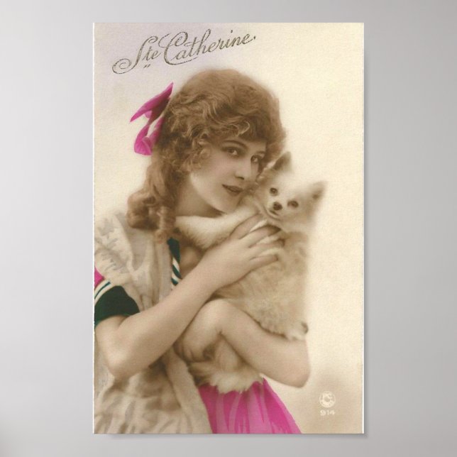 Antique Photo Victorian Woman och Hund Poster (Framsidan)