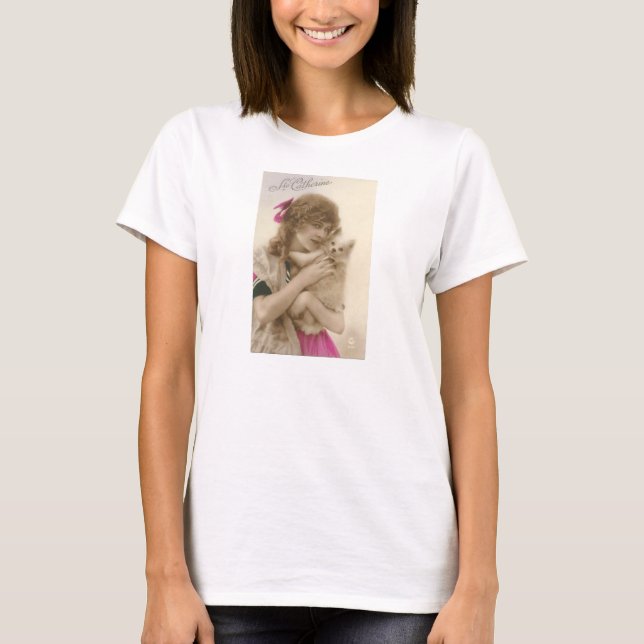 Antique Photo Victorian Woman och Hund T Shirt (Framsida)