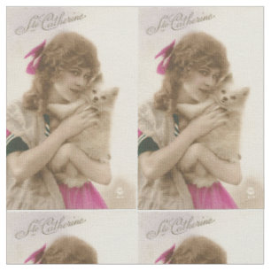Antique Photo Victorian Woman och Hund Tyg
