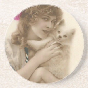 Antique Photo Victorian Woman och Hund Underlägg Sandsten