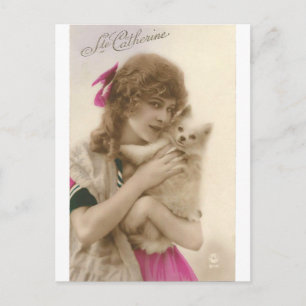 Antique Photo Victorian Woman och Hund Vykort