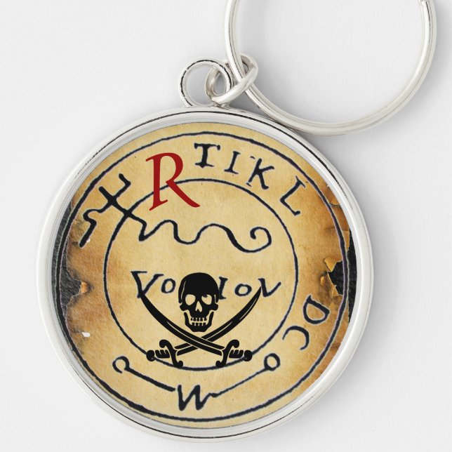 ANTIQUE PIRATER TREASURE KARTA, SKULL OCH SWORD RUND SILVERFÄRGAD NYCKELRING (Framsidan)