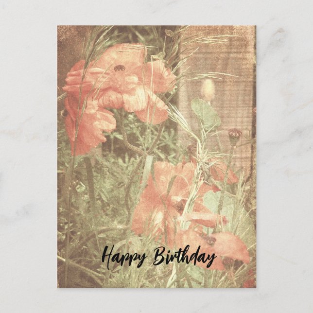 Antique Poppies Birthday vykort (Framsida)