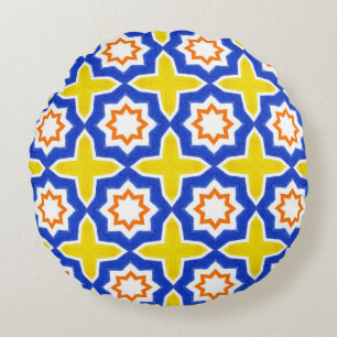 Antique portuguese tiles. Blue och gult Azulejos Rund Kudde