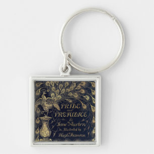 Antique Pride and Prejudice Peacock Edition Cover Fyrkantig Silverfärgad Nyckelring