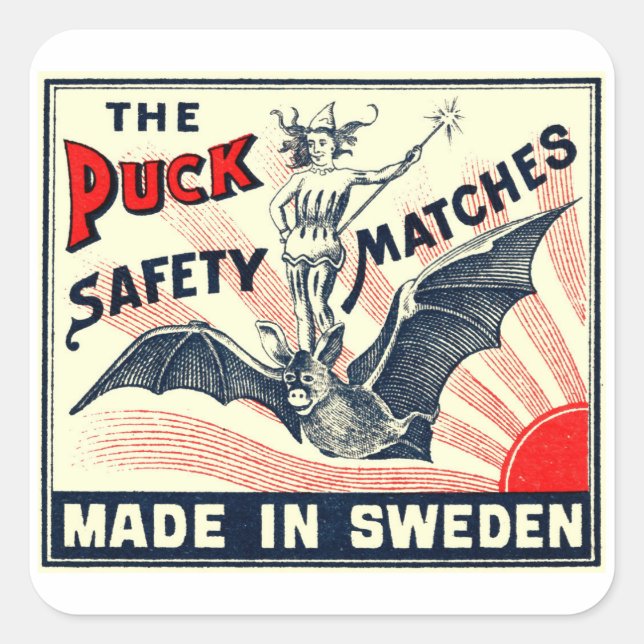 Antique Puck Riding Fladdermus Svenska Matchbox-et Fyrkantigt Klistermärke (Framsida)